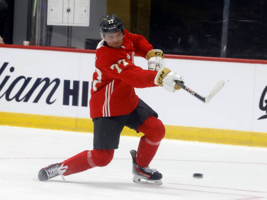 Golden Knights forward Kai Uchacz (77) shoots the puck during team's development camp at City N ...