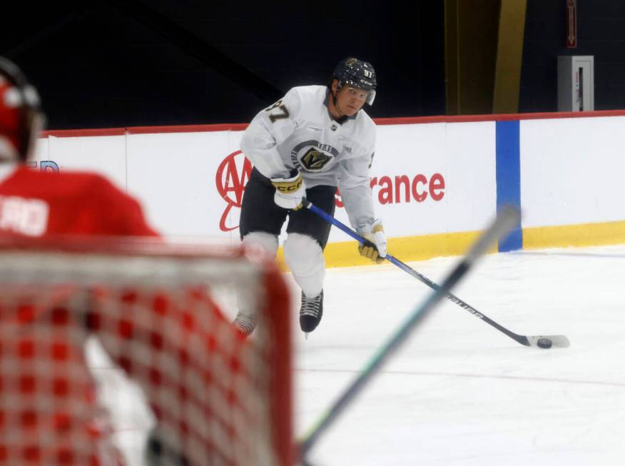 Golden Knights forward Jacob Mathieu (97) shoots the puck during team's development camp at Cit ...