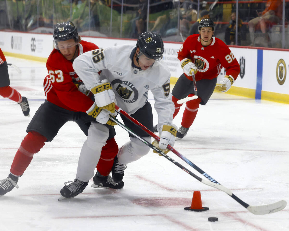 Golden Knights forwards Will Dineen (73) and Trent Swick (76) fights for the loose puck during ...