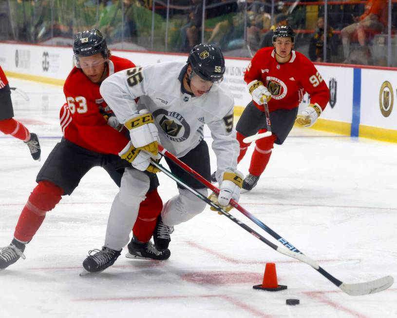 Golden Knights forwards Will Dineen (73) and Trent Swick (76) fights for the loose puck during ...