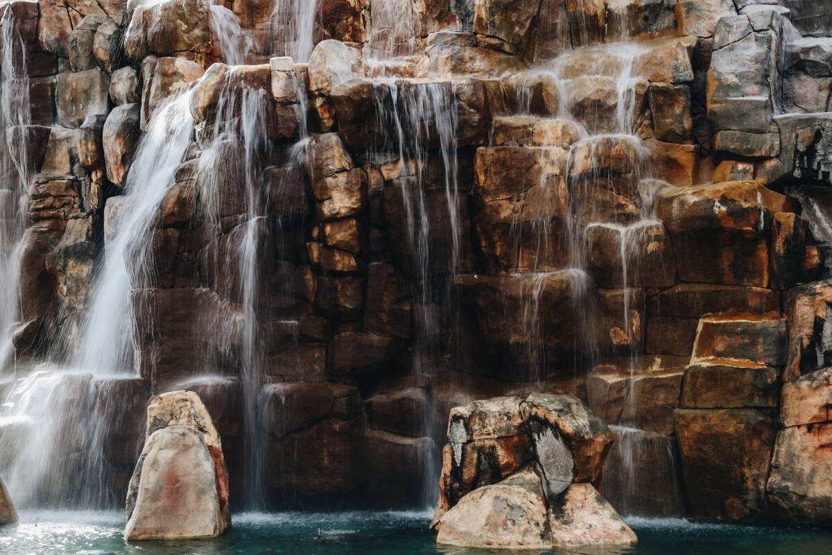 Water falls from the Volcano at the Mirage on Thursday, Feb. 29, 2024, in Las Vegas. (Madeline ...