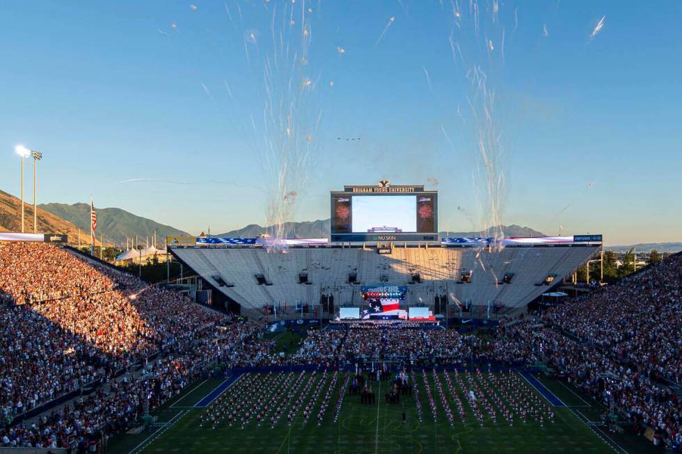 Fireworks explode in the sky during a July Fourth celebration at LaVell Edwards Stadium, Thursd ...