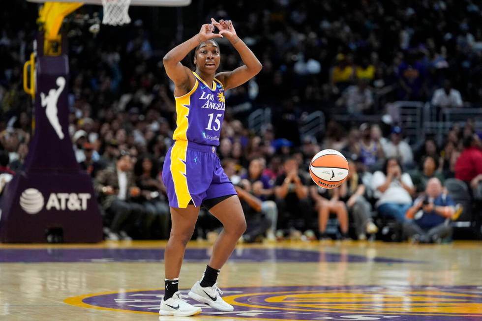 Los Angeles Sparks guard Aari McDonald gestures during the first half of a WNBA basketball game ...