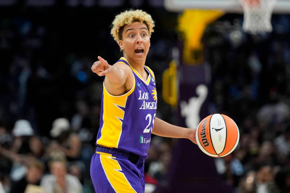 Los Angeles Sparks guard Layshia Clarendon gestures during the first half of a WNBA basketball ...