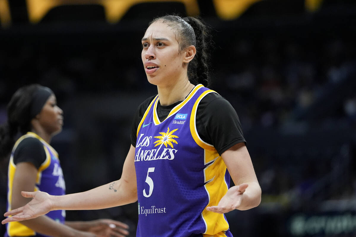 Los Angeles Sparks forward Dearica Hamby reacts during the second half of a WNBA basketball gam ...