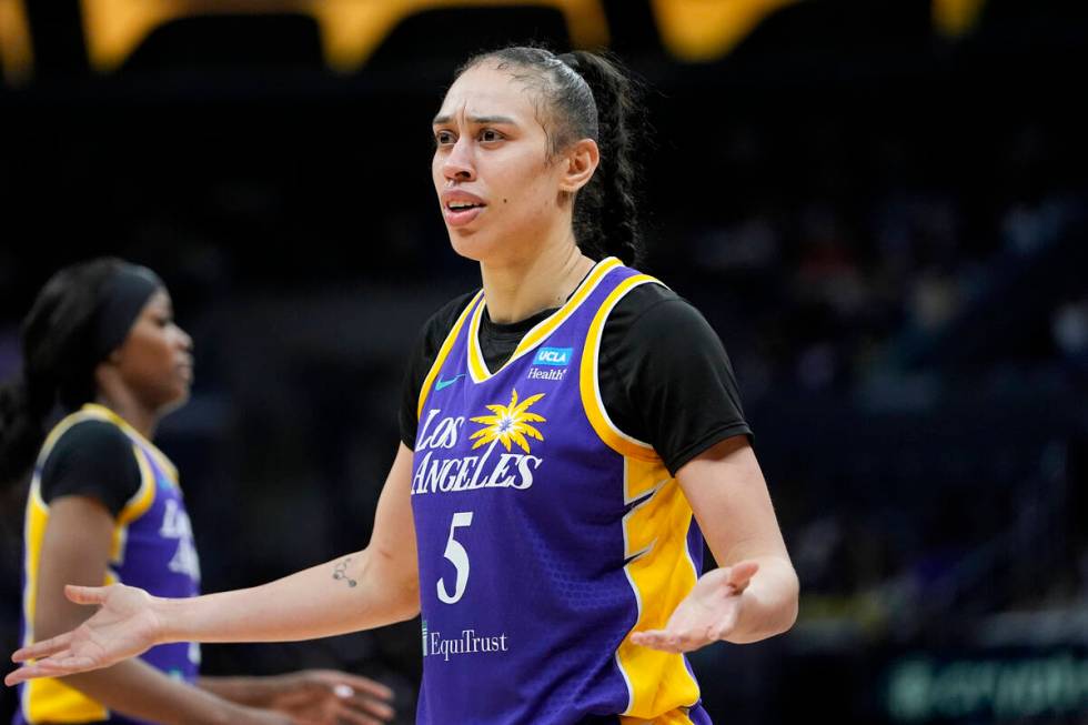 Los Angeles Sparks forward Dearica Hamby reacts during the second half of a WNBA basketball gam ...