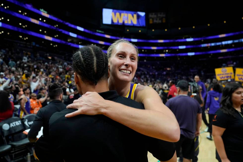 Los Angeles Sparks forward Stephanie Talbot celebrates after the team's overtime win in a WNBA ...