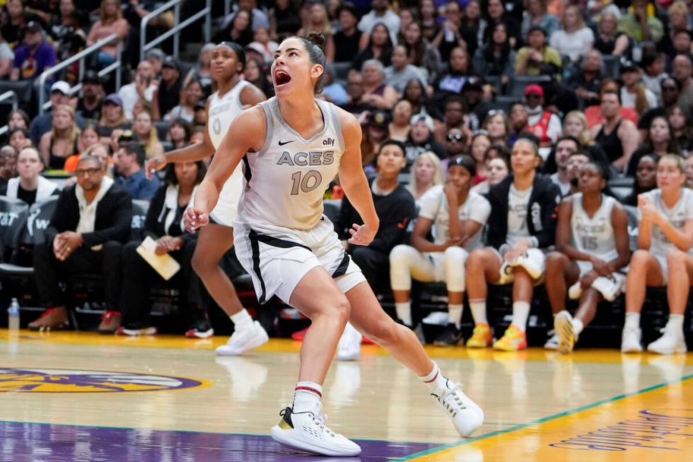 Las Vegas Aces guard Kelsey Plum reacts after a shot during the second half of a WNBA basketbal ...