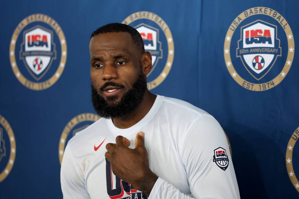 Los Angeles Lakers forward LeBron James speaks in a news conference during training camp for th ...