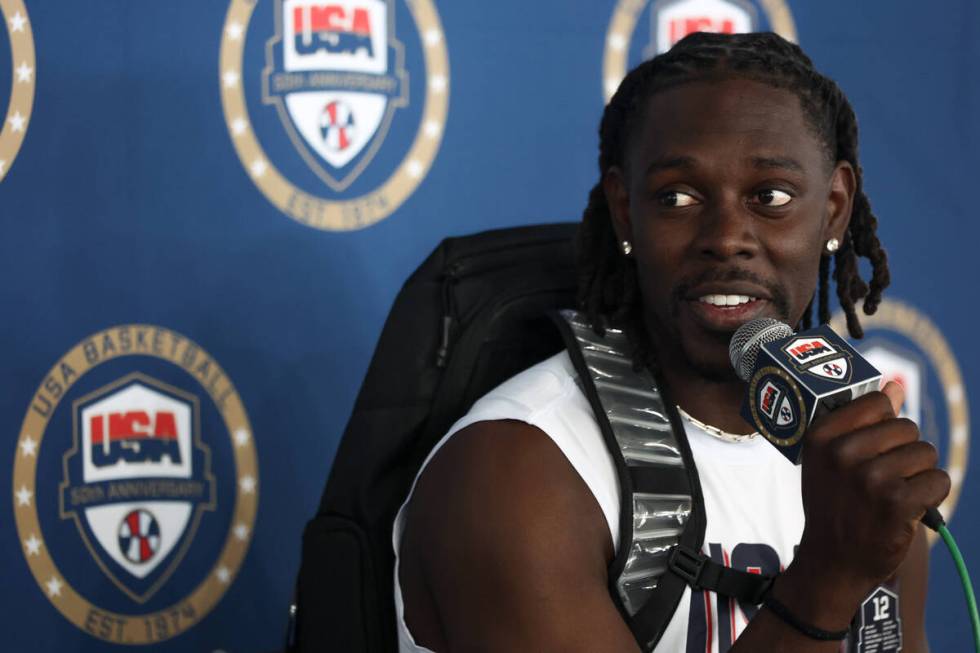 Boston Celtics guard Jrue Holiday speaks in a news conference during training camp for the USA ...