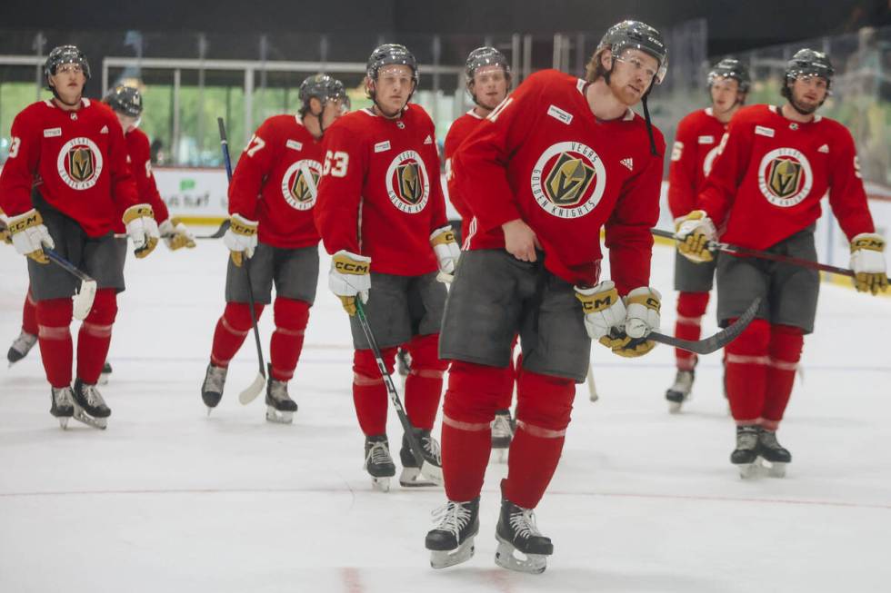 Golden Knights development camp players skate off the ice during a scrimmage on the last day of ...