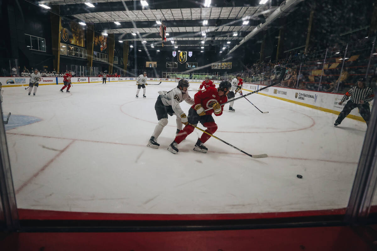 Players take to the ice during a scrimmage on the last day of Golden Knights development camp a ...