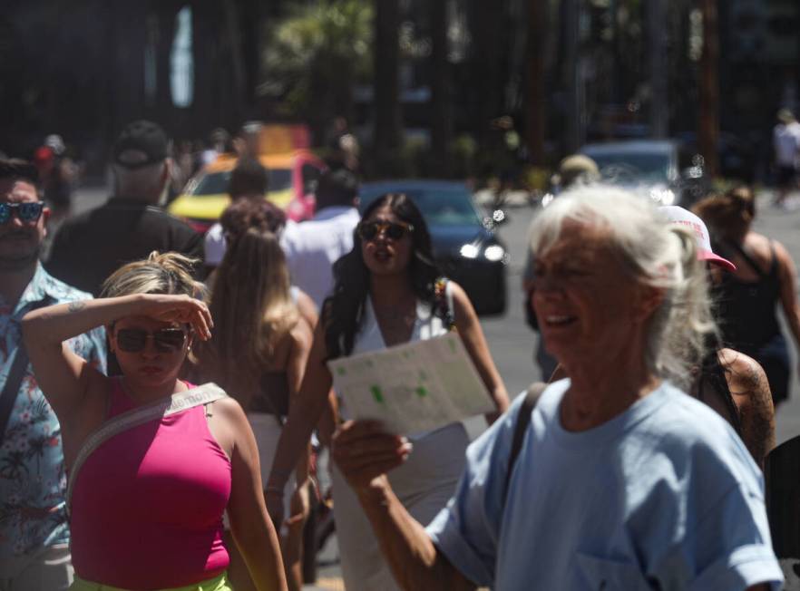 Tourists walk the Strip in Las Vegas, Sunday, July 7, 2024. (Rachel Aston/Las Vegas Review-Jour ...