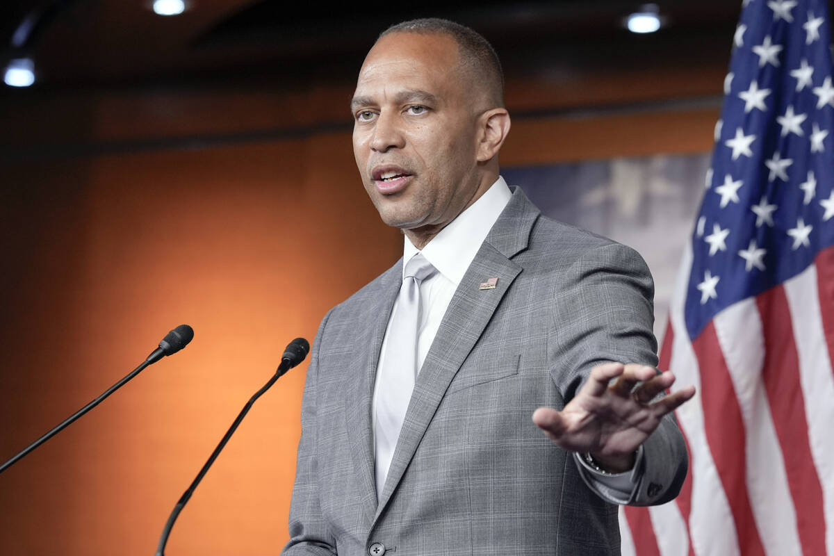 House Minority Leader Hakeem Jeffries, D-N.Y., speaks during his weekly news conference, Thursd ...