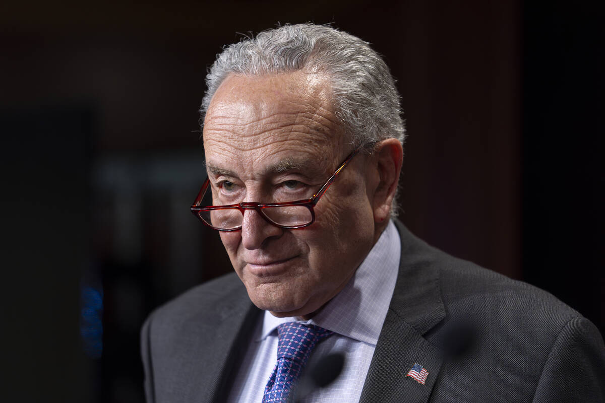 Senate Majority Leader Chuck Schumer, D-N.Y., speaks to reporters just after Senate Republicans ...