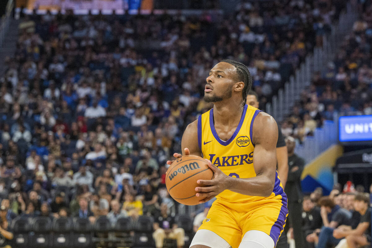 Los Angeles Lakers guard Bronny James (9) shoots during the second half of an NBA summer league ...