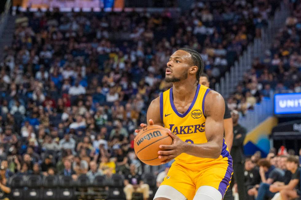 Los Angeles Lakers guard Bronny James (9) shoots during the second half of an NBA summer league ...