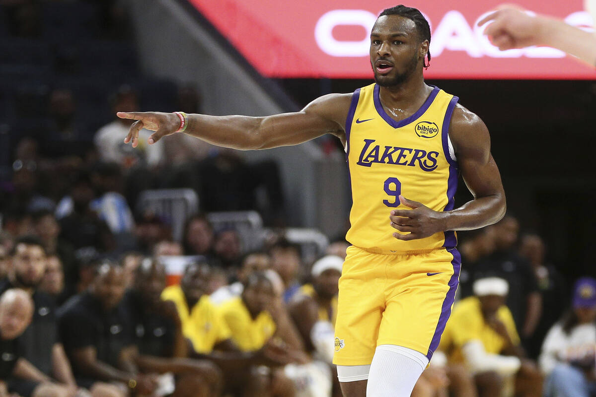 Los Angeles Lakers guard Bronny James gestures during the first half of an NBA summer league ba ...