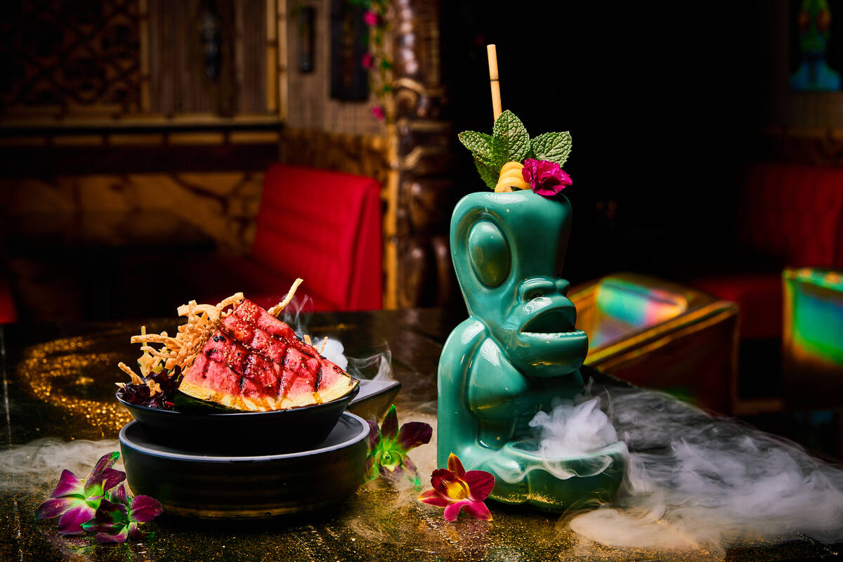 A Makula Retrograde cocktail from Glitter Gulch Tiki, set to open on July 12, 2024, in downtown ...