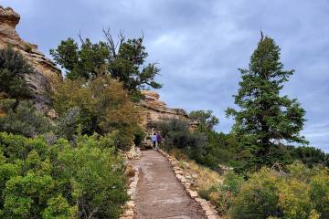 Visitors walk along a rim trail near the Grand Canyon Lodge – North Rim. (Natalie Burt)