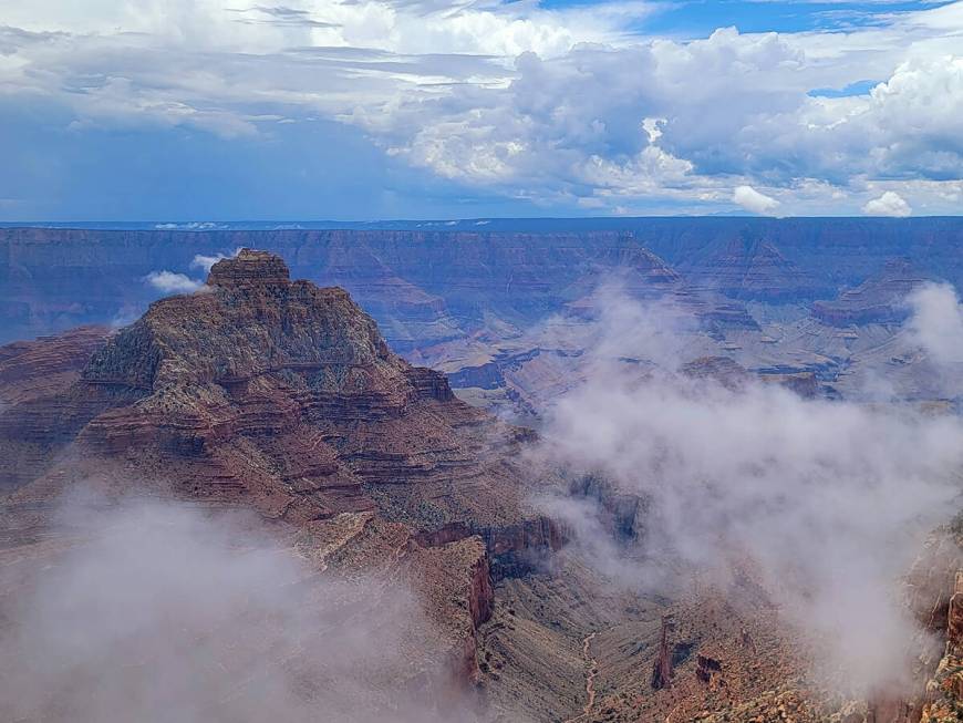 Vishnu Temple and nearby July clouds seen from Cape Royal Trail at Grand Canyon National Park&# ...