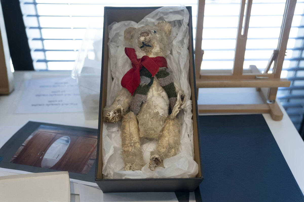 A teddy bear is displayed in a textiles conservation lab during the inauguration of The Moshal ...