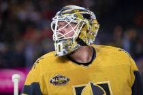 Golden Knights goaltender Robin Lehner (90) looks up ice in the second period during an NHL hoc ...
