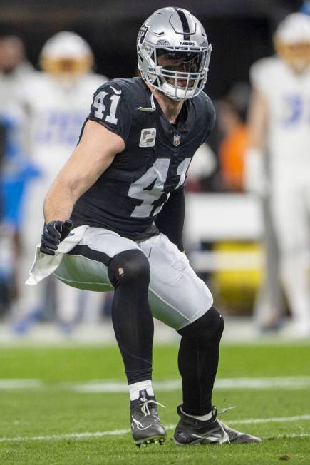 Raiders linebacker Robert Spillane (41) defends during the first half of an NFL game against th ...