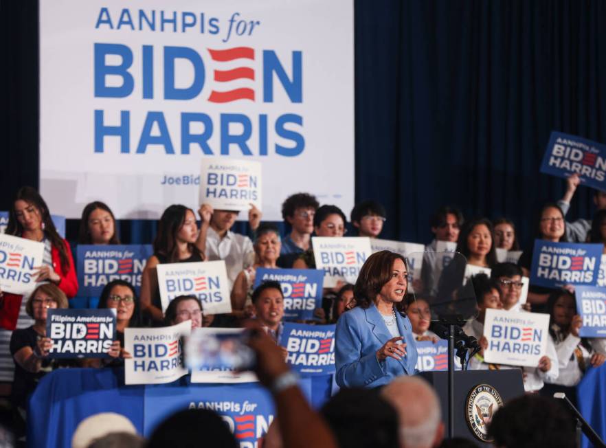 Vice President Kamala Harris addresses supporters at a campaign event at Resorts World Las Vega ...