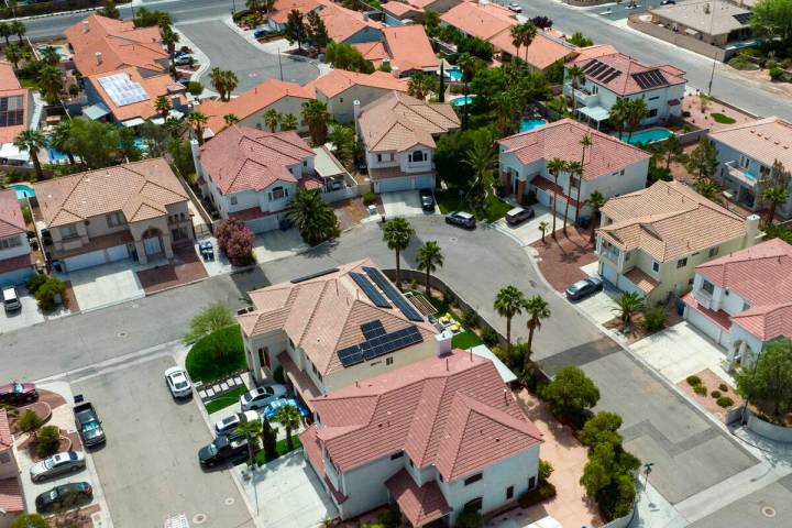 An aerial photo shows homes near Buffalo Drive, on Thursday, June 15, 2023, in Las Vegas. (Bizu ...