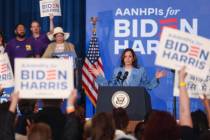 Vice President Kamala Harris addresses supporters at a campaign event at Resorts World Las Vega ...