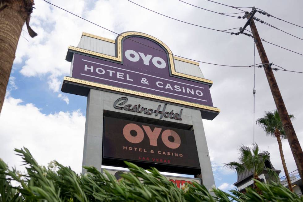 A temporary OYO Hotel & Casino sign is displayed on the former Hooters hotel-casino marquee ...