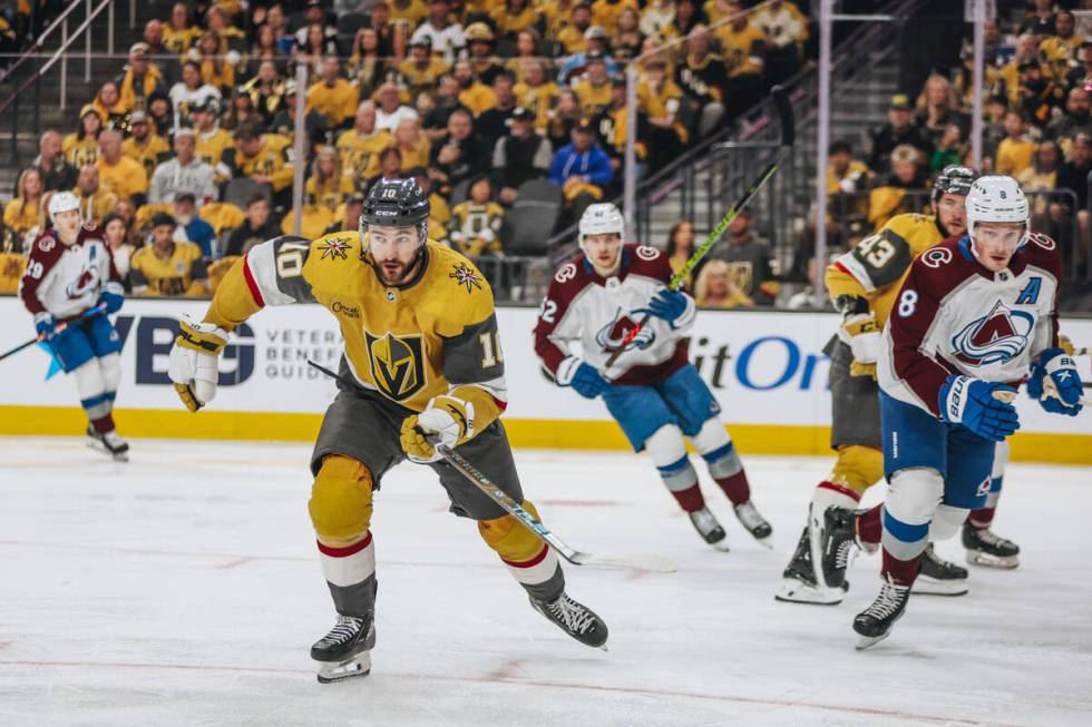 Golden Knights center Nicolas Roy (10) speeds across the ice during an NHL hockey game between ...