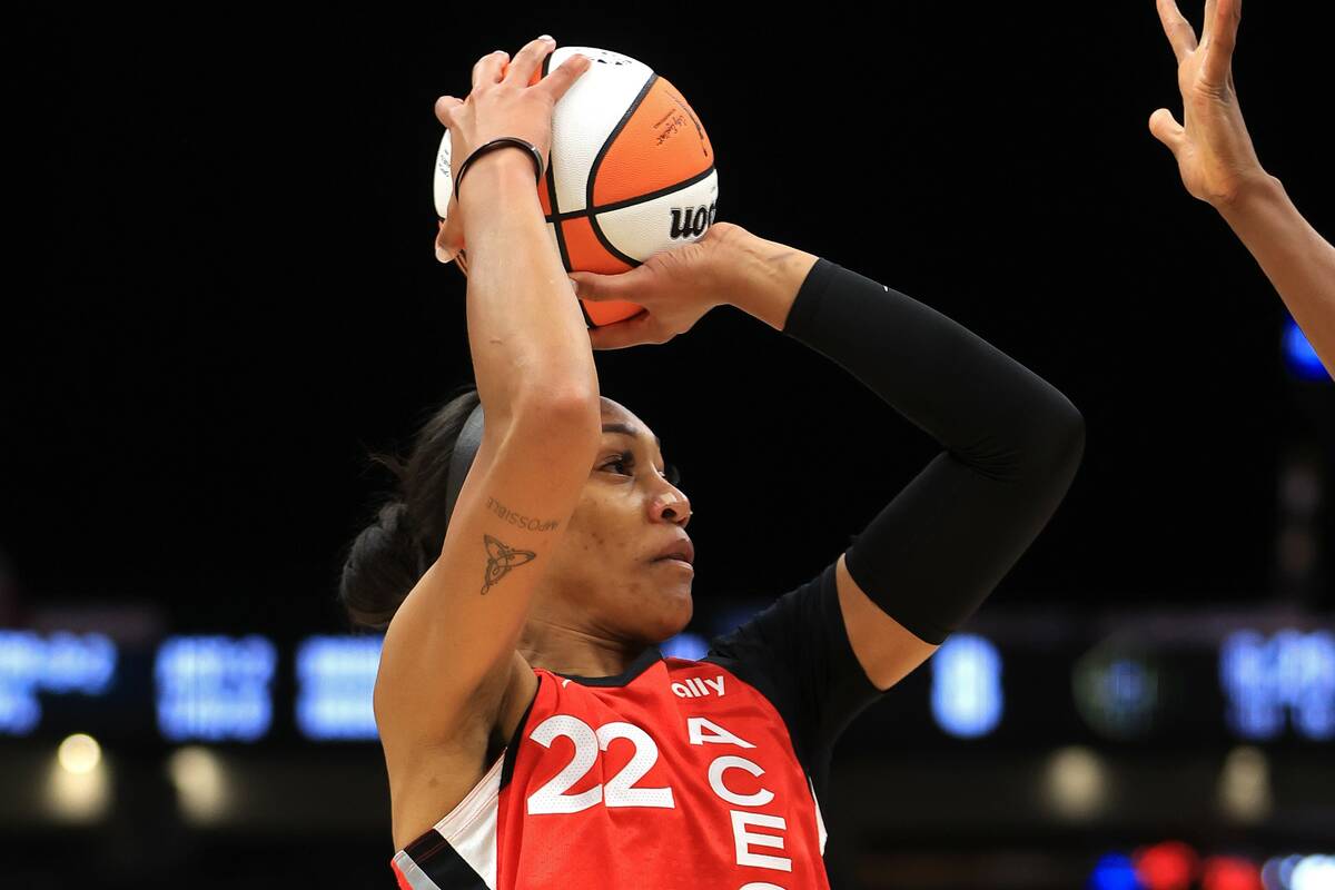 Aces forward A'ja Wilson puts up a shot against the Seattle Storm on Wednesday, July 10, 2024, ...