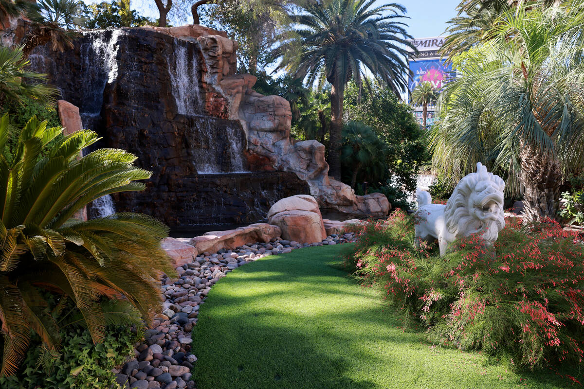 A statue is shown among landscaping at The Mirage on the Strip in Las Vegas Friday, July 5, 202 ...