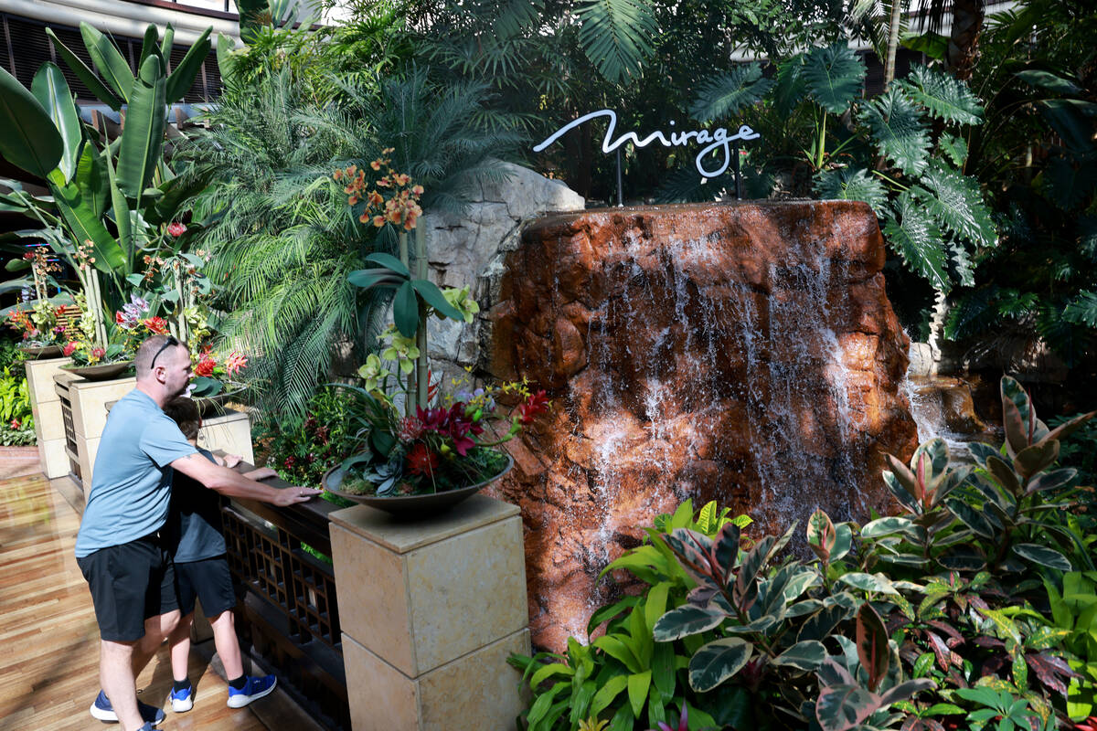 Guests check out a waterfall at The Mirage on the Strip in Las Vegas Friday, July 5, 2024. The ...