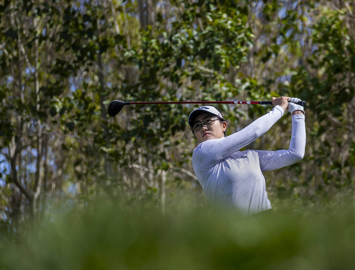 Rose Zhang eyes the ball driven off the tee on hole #9 during the second day of the LPGA T-Mobi ...