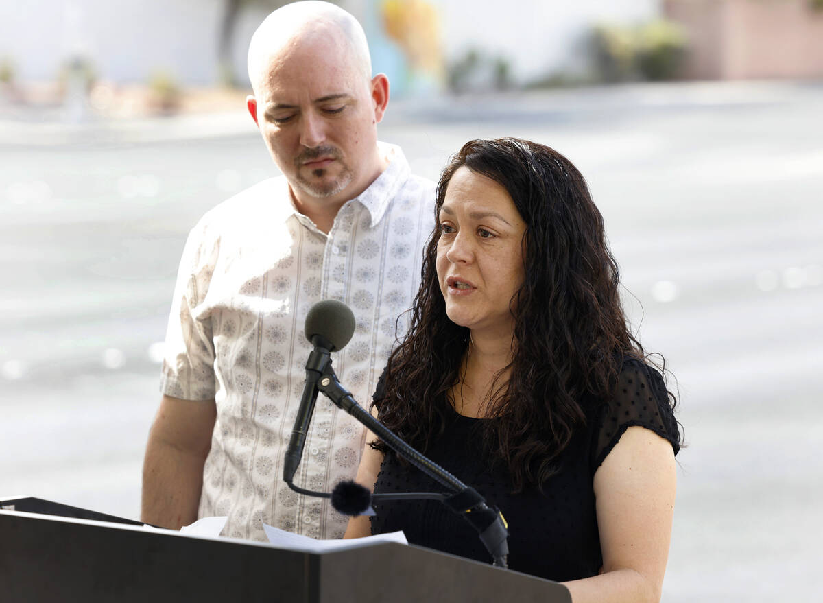 Jeannell Velasquez, the mother of Ethan Velasquez, speaks during a press conference as her husb ...