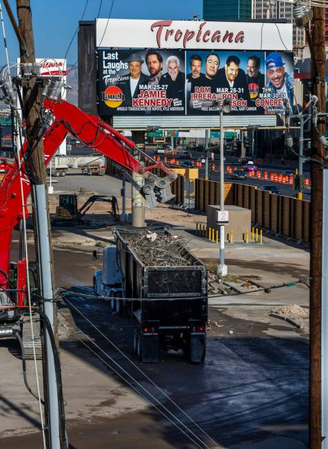 Scrap is loaded for transport as demolition continues on the Tropicana in preparation for an im ...