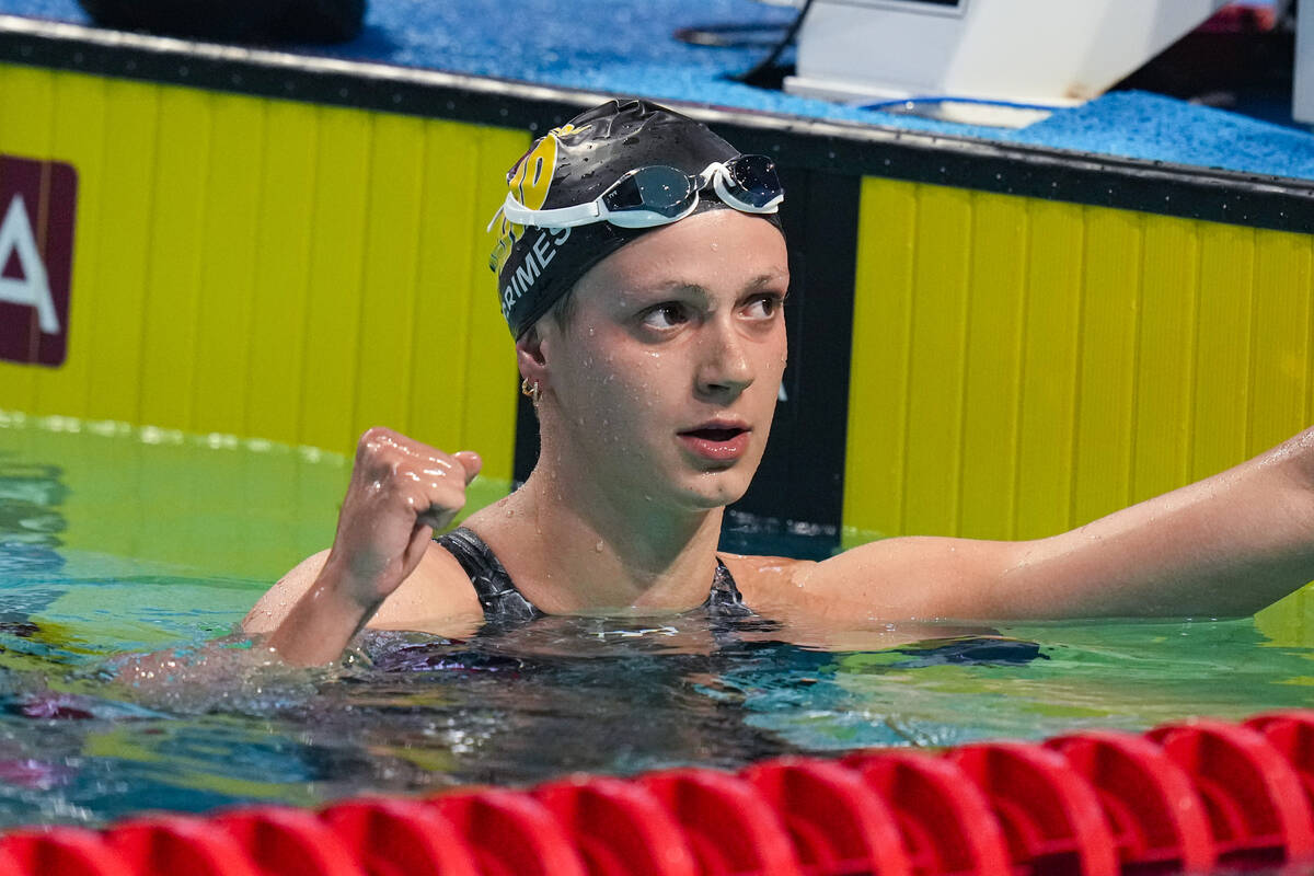 Katie Grimes celebrates winning the women's 400-meter individual medley at the U.S. nationals s ...