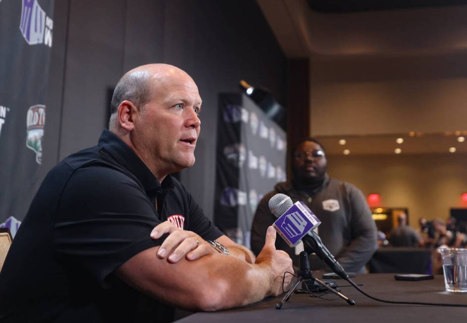 UNLV football coach Barry Odom addresses the media on the second day of the Mountain West Footb ...