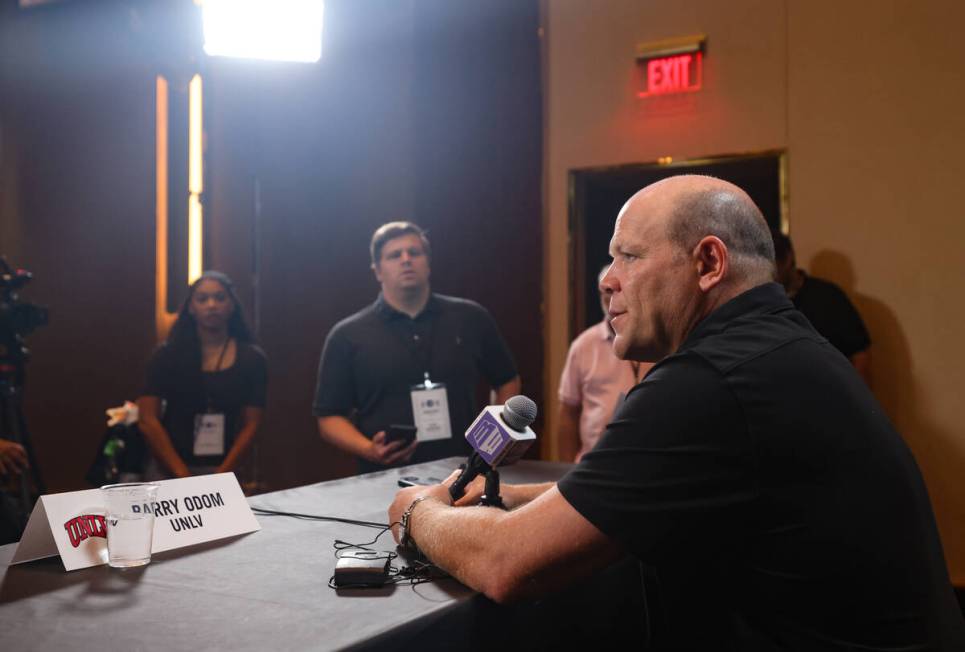 UNLV football coach Barry Odom addresses the media on the second day of the Mountain West Footb ...