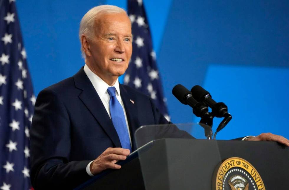 President Joe Biden speaks at a news conference Thursday July 11, 2024, on the final day of the ...