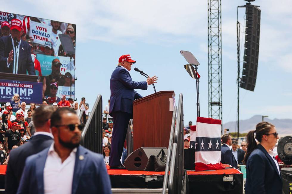 Former President Donald Trump speaks at a rally at Sunset Park on Sunday, June 9, 2024, in Las ...