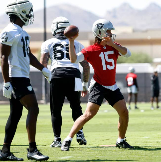 Raiders quarterback Gardner Minshew II (15) prepares to throws the ball during an NFL football ...