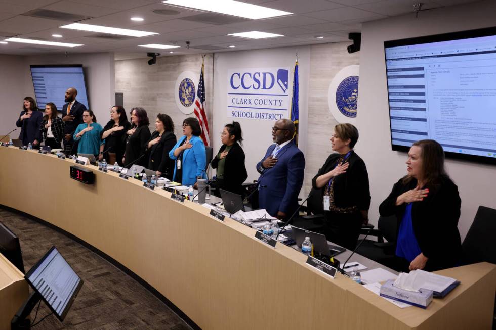 The Clark County Board of Trustees gathers for a school board meeting at CCSD’s Greer Educati ...
