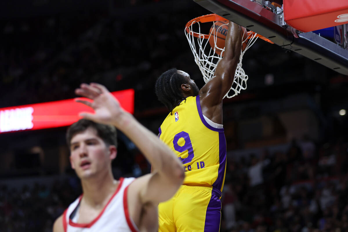 Los Angeles Lakers guard Bronny James Jr. (9) dunks during the first half of an NBA summer leag ...