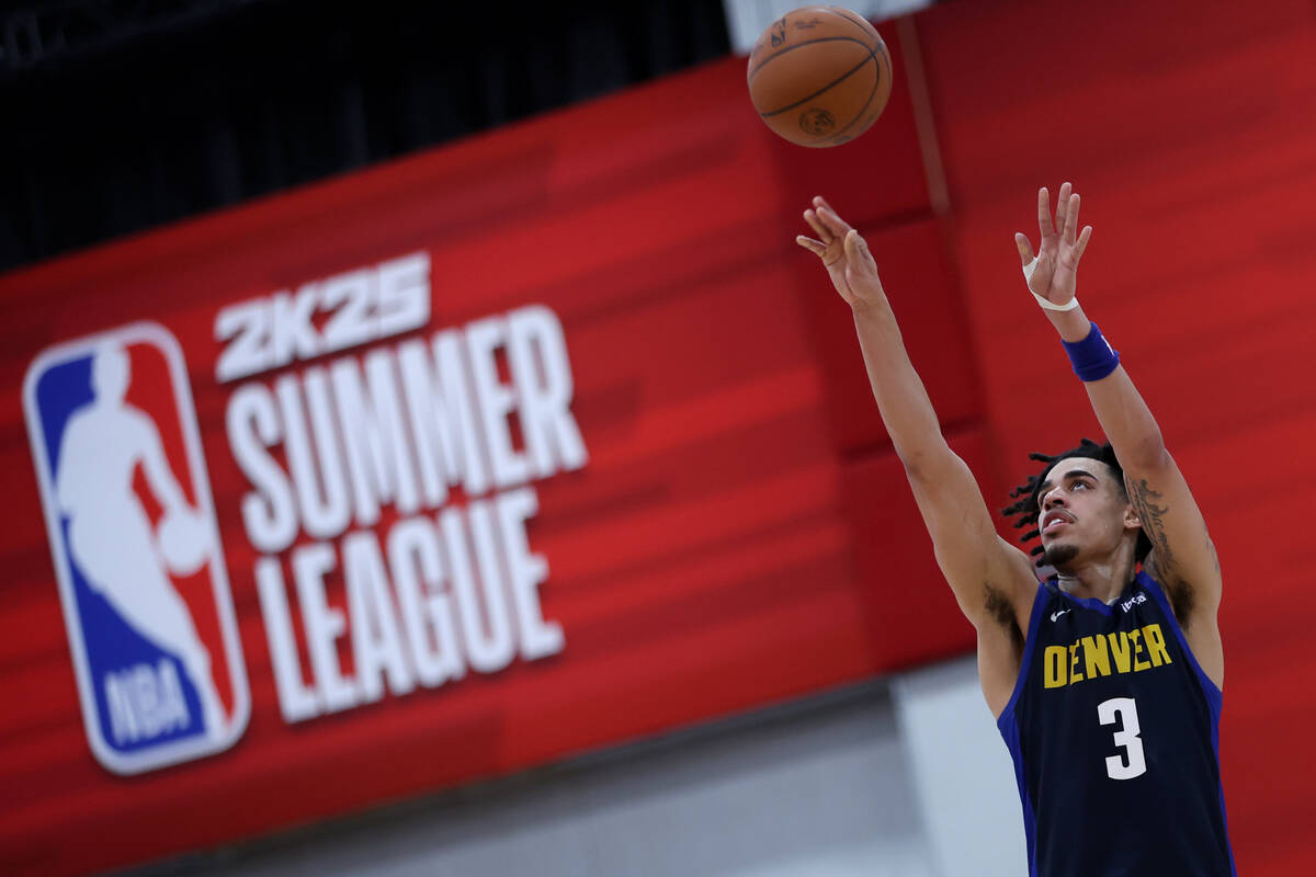 Denver Nuggets guard Julian Strawther shoots during a NBA summer league basketball game against ...