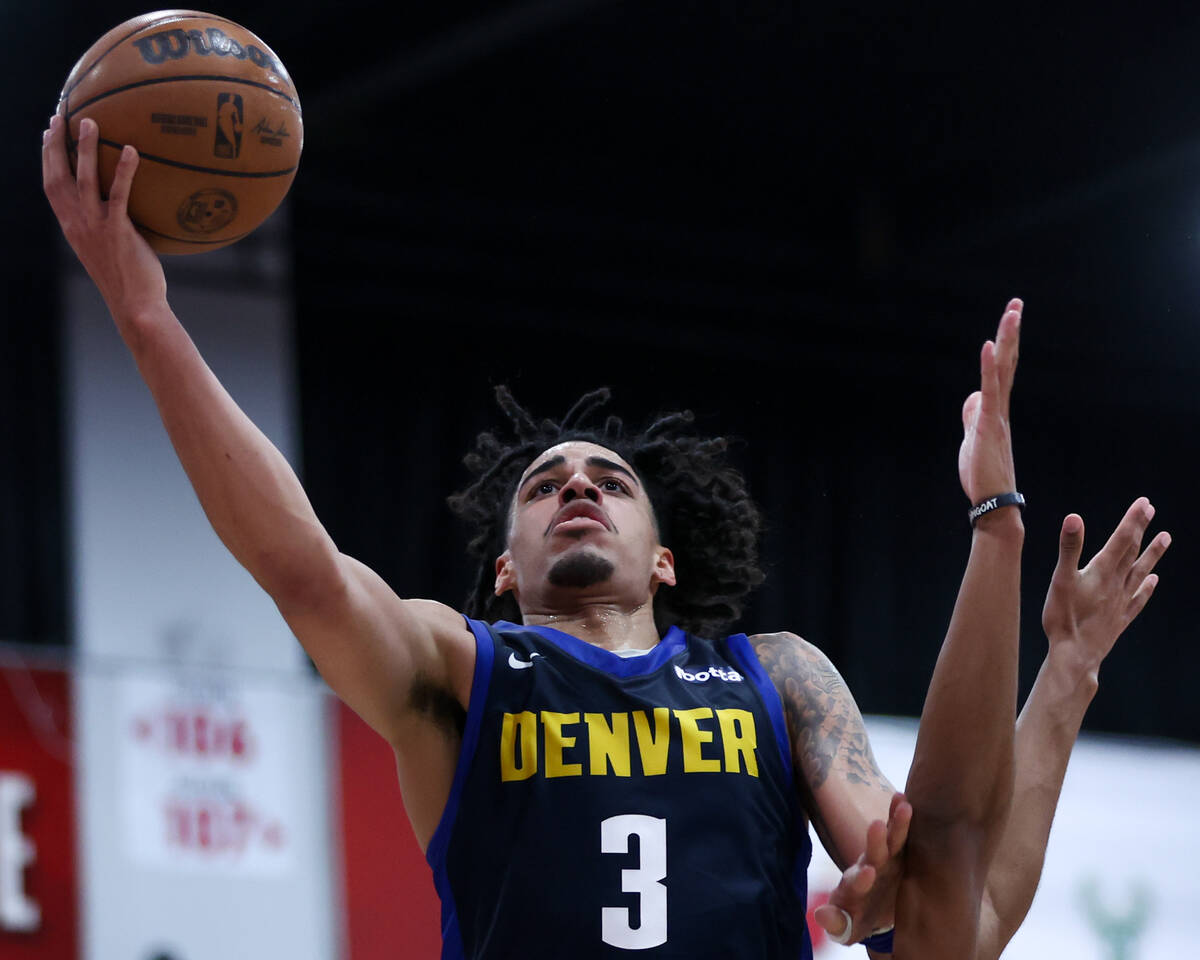 Denver Nuggets guard Julian Strawther shoots against the LA Clippers during a NBA summer league ...