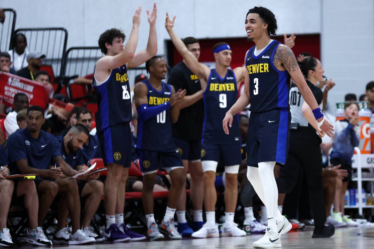 Denver Nuggets guard Julian Strawther celebrates after making an assist during a NBA summer lea ...